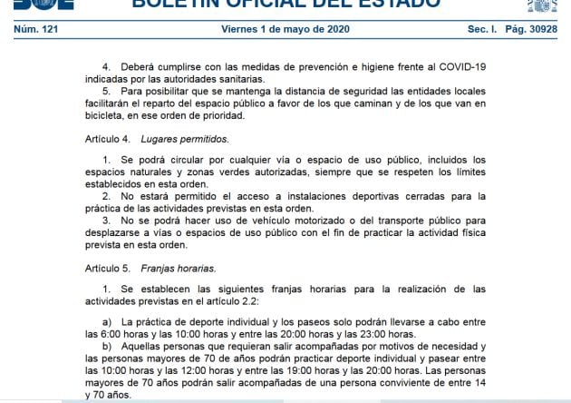 EL BOE especifica los lugares donde se puede hacer actividad física