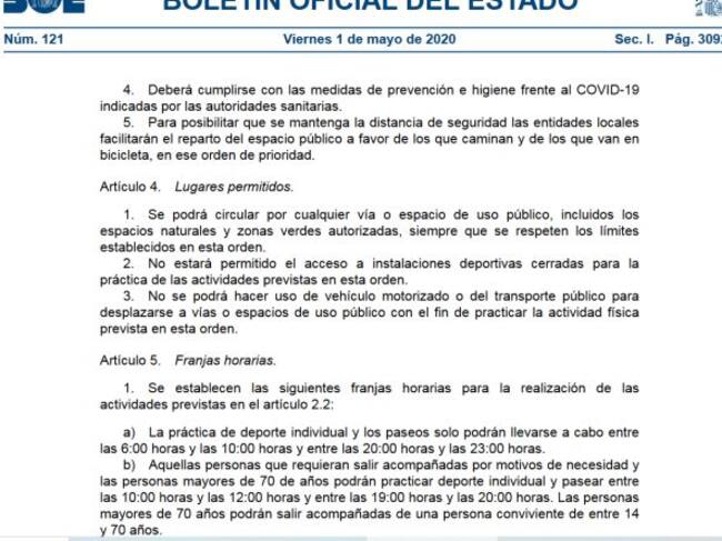 EL BOE especifica los lugares donde se puede hacer actividad física