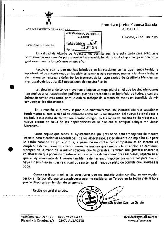 Carta remitida al presidente de la Junta de Comunidades de Castilla-la Mancha, Emiliano García-Page, por el alcalde de Albacete, Javier Cuenca