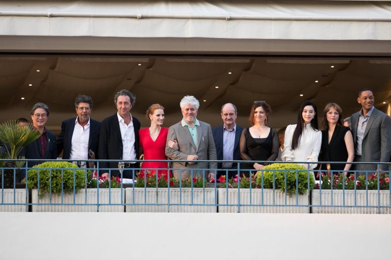 Director Park Chan-wook, music composer Gabriel Yared, director Paolo Sorrentino, actress Jessica Chastain, director Pedro Almodovar, Pierre Lescure, director Agnes Jaoui, actress Fan Bing Bing, director Maren Ade and actor Will Smith attend the official jury dinner of the 70th Annual Cannes Film Festival at Martinez Hotel on May 16, 2017 in Cannes, France