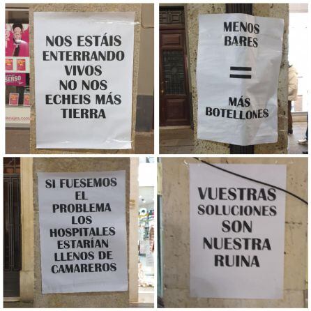 Los hosteleros han dejado mensajes reivindicativos en todos los pilares de la Calle Mayor de Palencia