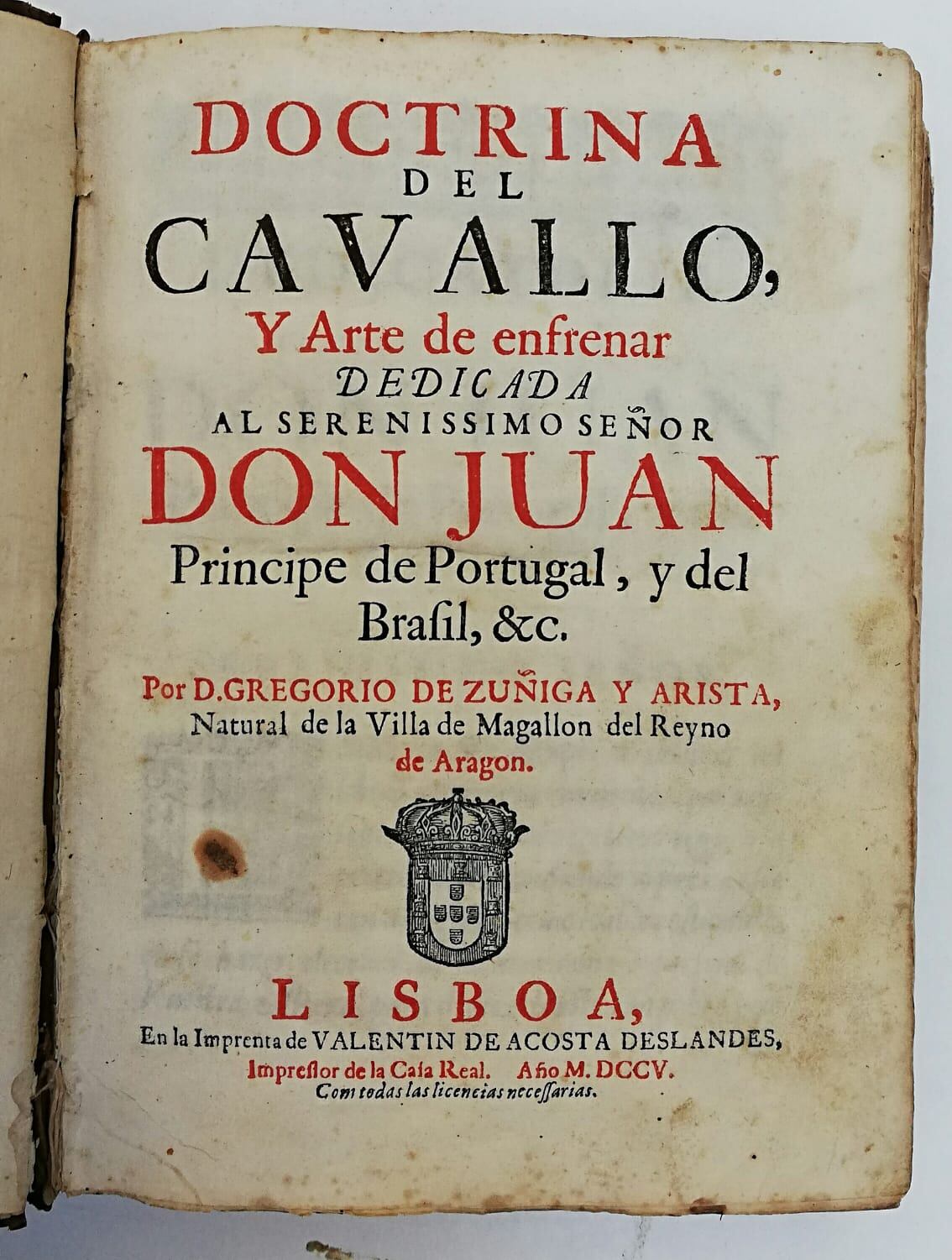 Portada del libro &quot;Doctrina del Cavallo y Arte de Enfrenar&quot; de don Gregorio de Zúñiga