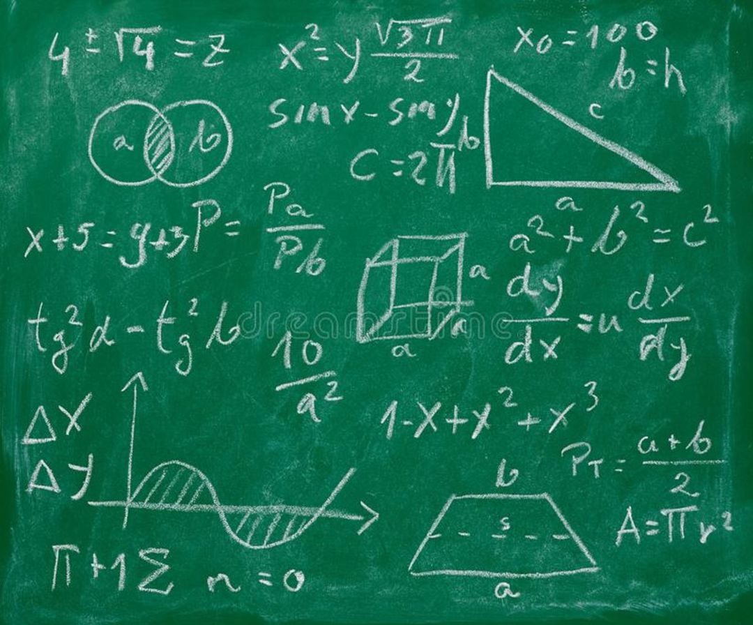 Pizarra con símbolos matemáticos.