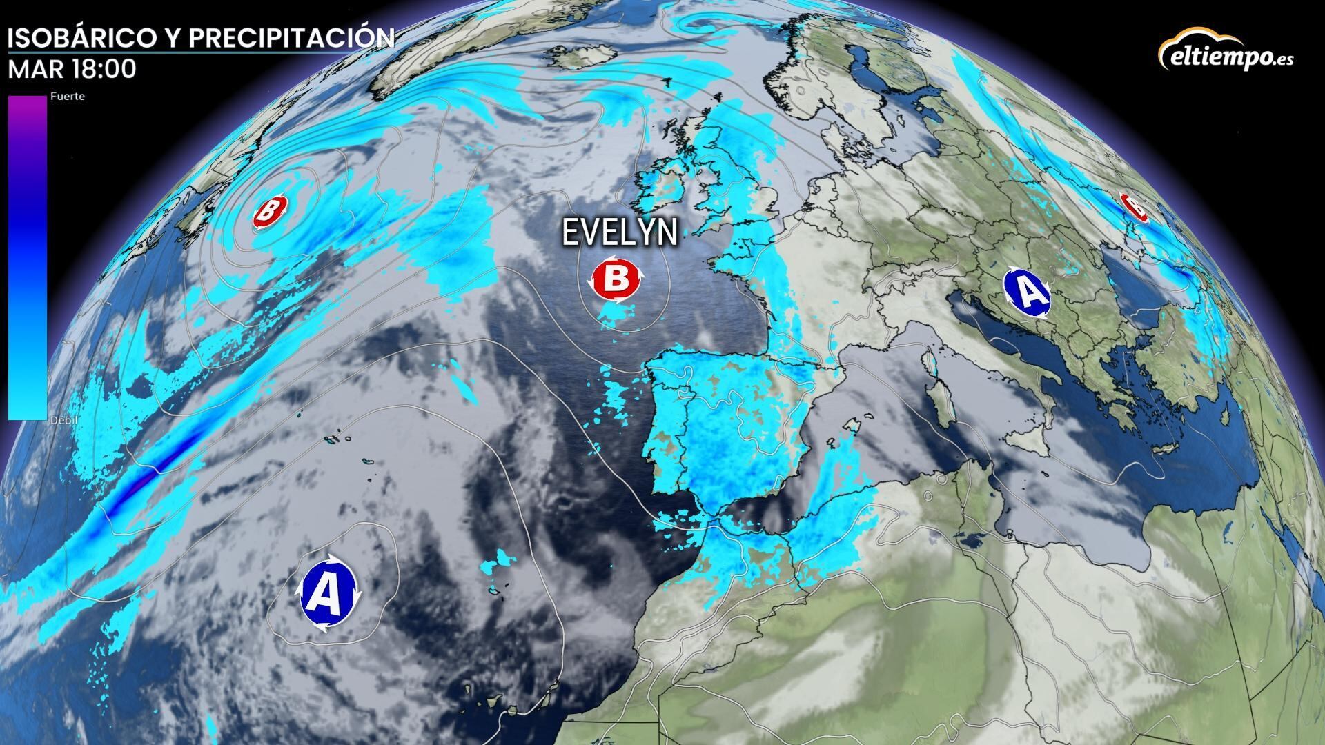 Mapa isobárico de precipitación para este martes.