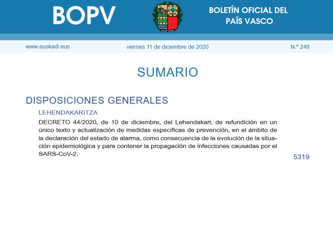 Boletín Oficial del País Vasco con el plan navideño aprobado por el LABI el pasado 9 de diciembre