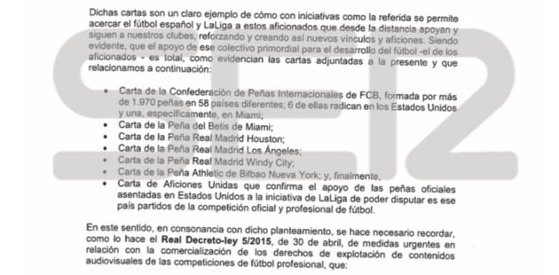 Fragmento de la carta Javier Tebas, presidente de LaLiga, a Luis Rubiales, presidente de la RFEF, explicando que tiene el &quot;respaldo incontestable y rotundo&quot; de la afición española para que el Girona - Barcelona se dispute en Miami