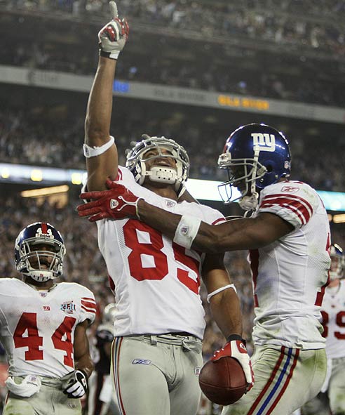 David Tyree, de los New York Giants celebra un 'touchdown'