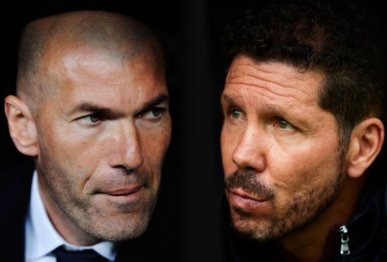 Primer plano de Zidane, entrenador del Real Madrid, y Simeone, técnico del Atlético