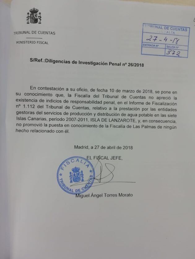 Escrito del Fiscal Jefe del Tribunal de Cuentas.