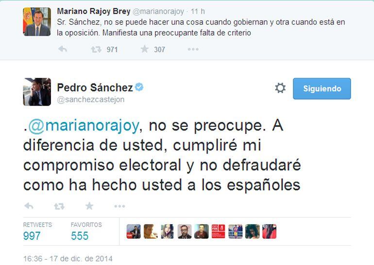 Pedro Sánchez responde en Twitter a Rajoy tras la sesiónd de control al Gobierno