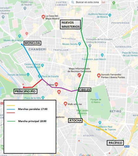 Plano de Madrid con las calles que estarán afectadas por la Marcha del Clima este viernes 6 de diciembre.