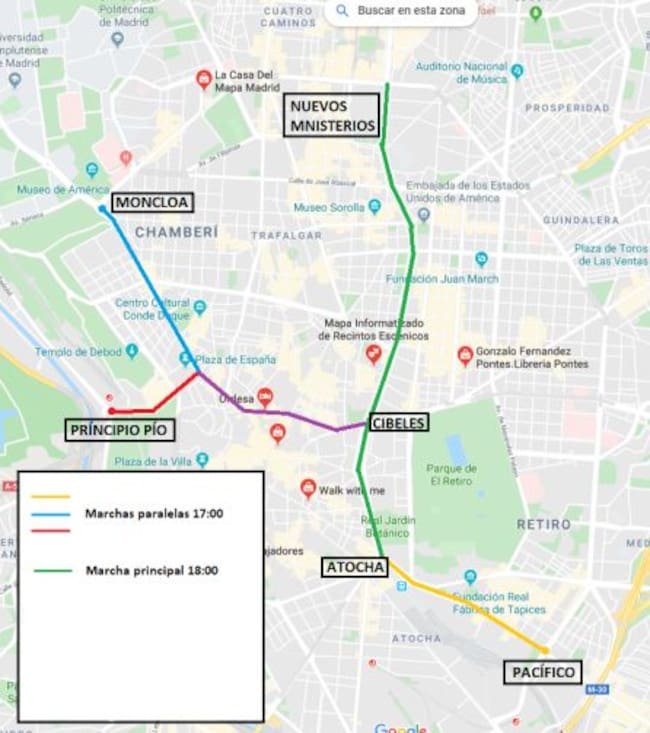 Plano de Madrid con las calles que estarán afectadas por la Marcha del Clima este viernes 6 de diciembre.