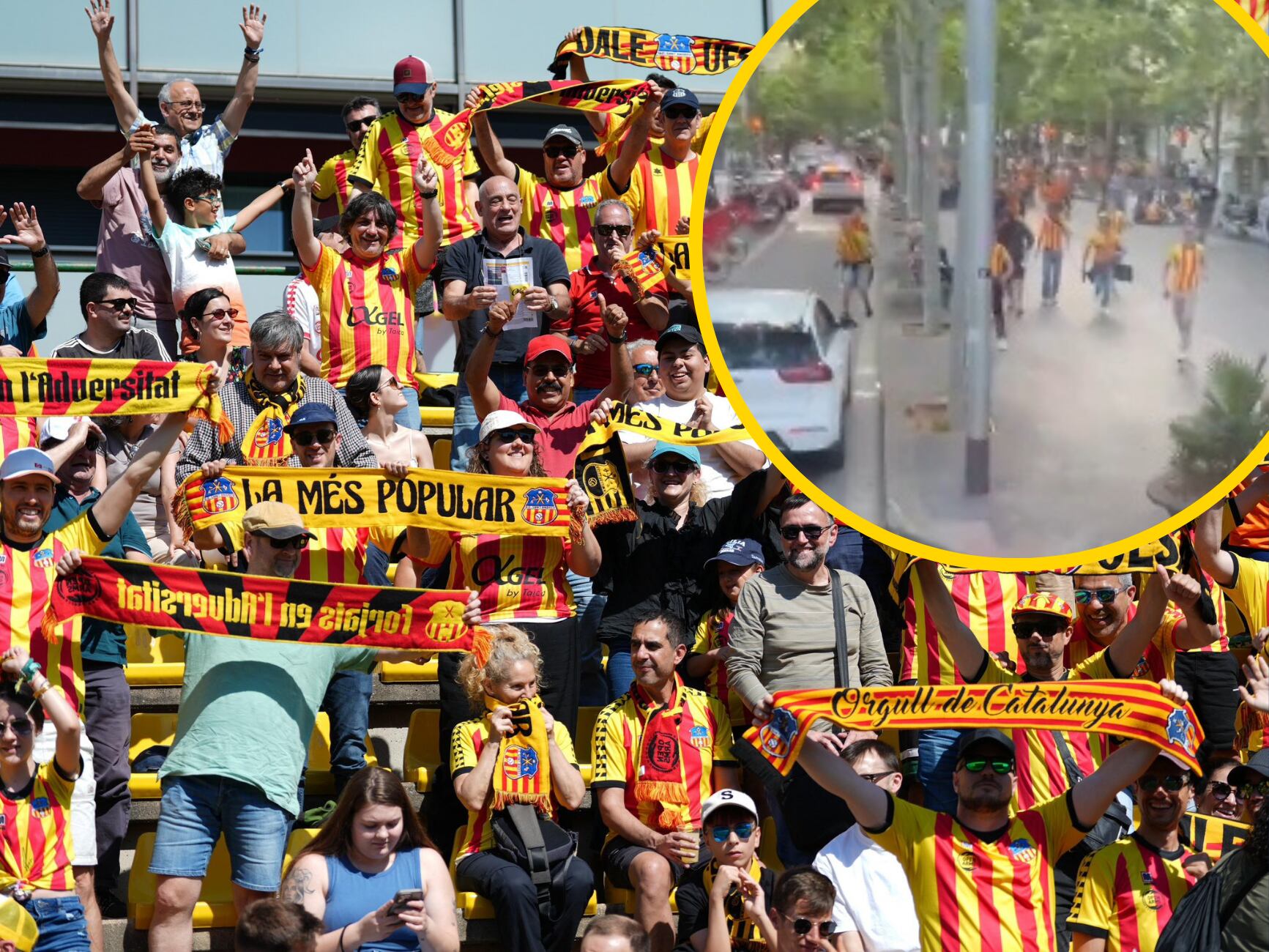 La afición del Sant Andreu de fondo, y en el círculo se ve a los agresores dirigiéndose al autobús del Rayo Majadaonda