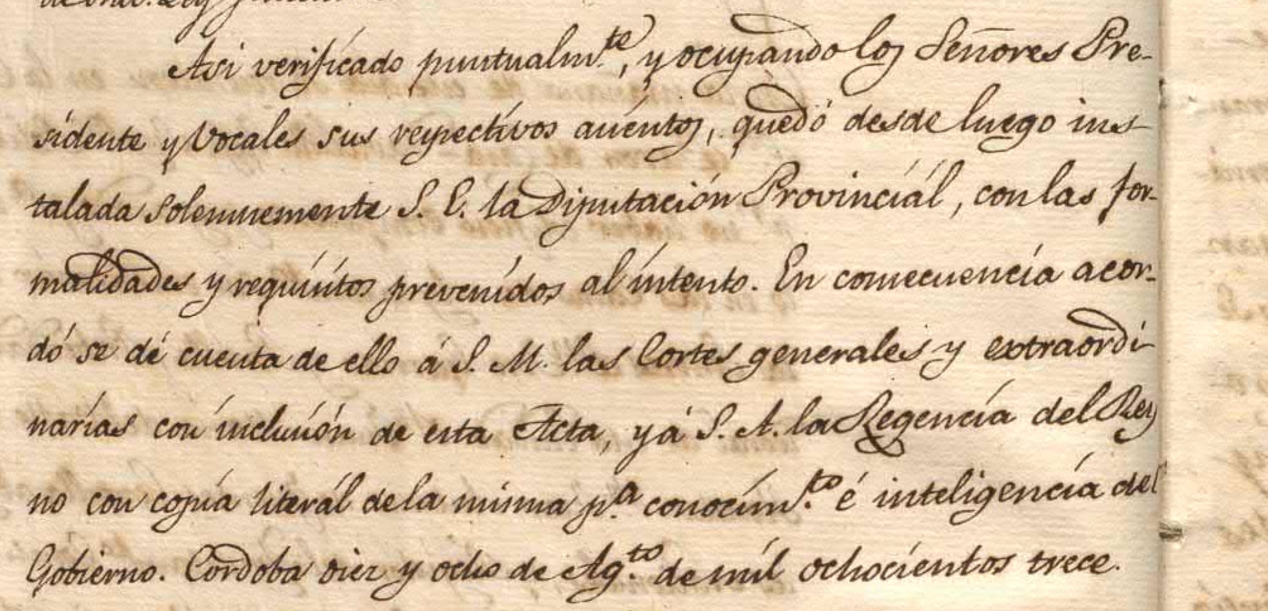 Extracto del Acta de Instalación de la Diputación de Córdoba que se produjo el 18 de agosto de 1813