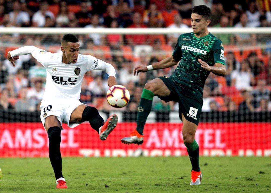 GRAF3789. VALENCIA.- El delantero del Valencia, Rodrigo Moreno (i), lucha un balón ante el centrocampista del Betis, Francisco Javier (d), durante el encuentro correspondiente a la cuarta jornada de primera división que disputan esta tarde en el estadio v