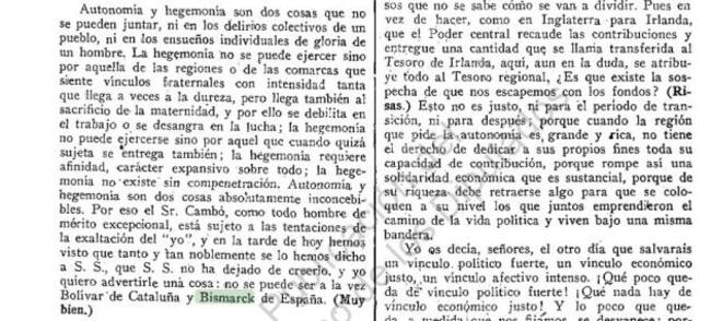Diario de sesiones del 10 de diciembre de 1918 en el que Niceto Alcalá-Zamora pronuncia la frase "no se puede ser a la vez Bolívar de Cataluña y Bismarck de España".