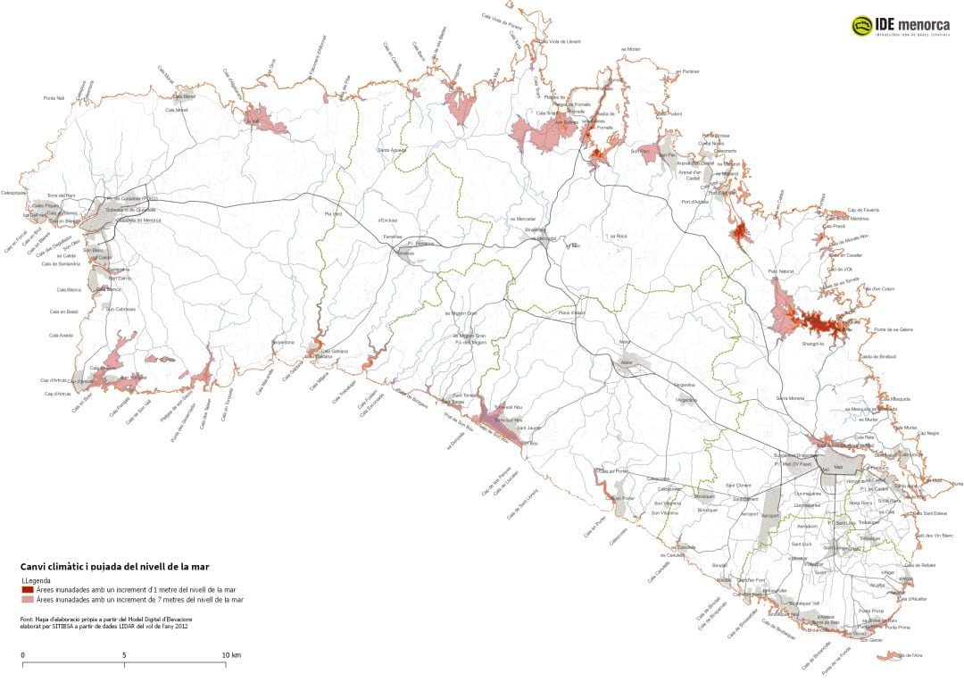 Así quedaría Menorca si el nivel del mar subiera entre 1 y 7 metros.