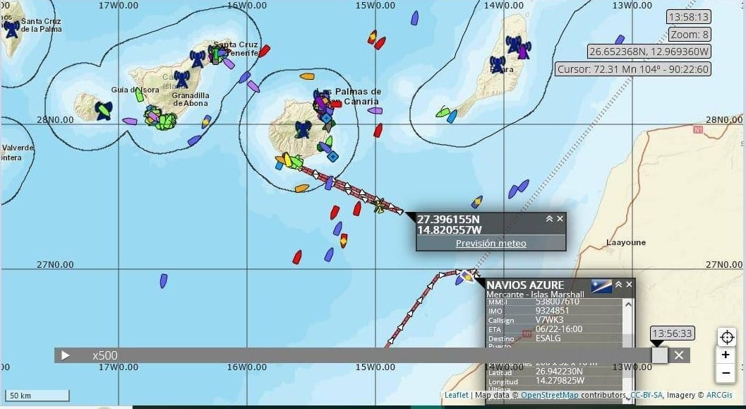 Posición del Navíos Azure y el Guardamar Calíope