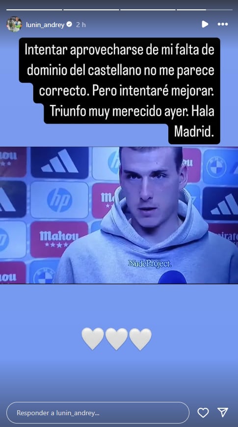 La explicación de Andriy Lunin en su cuenta de Instagram