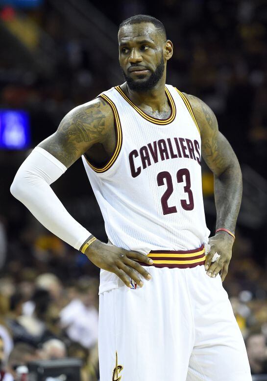 Jun 16, 2015; Cleveland, OH, USA; Cleveland Cavaliers forward LeBron James (23) reacts during the fourth quarter against the Golden State Warriors in game six of the NBA Finals at Quicken Loans Arena. Mandatory Credit: Bob Donnan-USA TODAY Sports