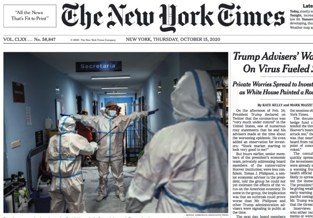 Portada del periódico americano The New York Times del 15 de octubre con una fotografía del Hospital Severo Ochoa de Leganés.