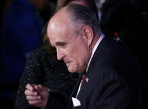 Former New York City Mayor Rudy Giuliani finishes a television interview at Republican U.S. presidential nominee Donald Trump&#039;s election night rally in Manhattan, New York, U.S., November 8, 2016. REUTERS/Jonathan Ernst