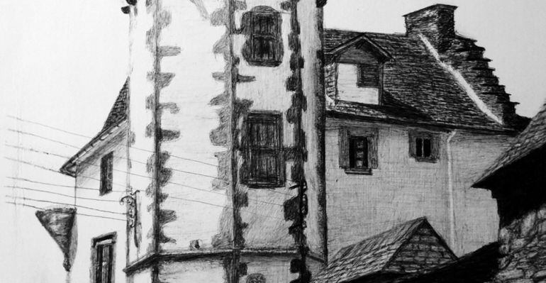 Un dels dibuixos que es pot veure a l'exposició 'Diboishi Grassi sus arquitèctura antica aranesa' al Cafè del Teatre