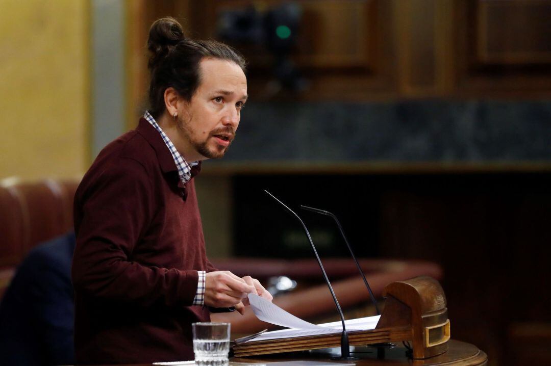 El vicepresidente segundo del Gobierno, Pablo Iglesias, durante el debate del proyecto de presupuestos generales del Estado para 2021 en el Congreso este miércoles.