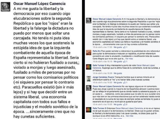 Publicación en Facebook que provocó su dimisión en el año 2015