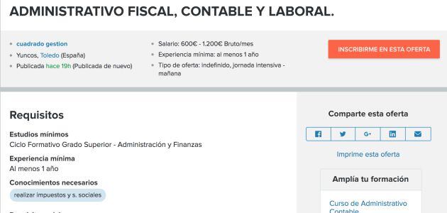 Pantallazo de la oferta de empleo en esta empresa de la localidad toledana de Yuncos