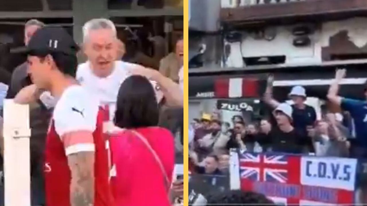 Un joven con la camiseta del Arsenal se pasea entre hinchas del Tottenham en pleno centro de Bilbao antes de la final