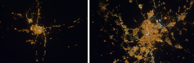 Contaminación lumínica en las ciudades de Zaragoza (izquierda) y Madrid (derecha)