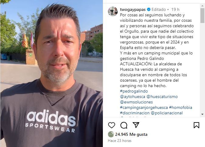 Publicación en instagram de @twogayspapas denunciando la situación homófoba vivida en el campin San Jorge de Huesca