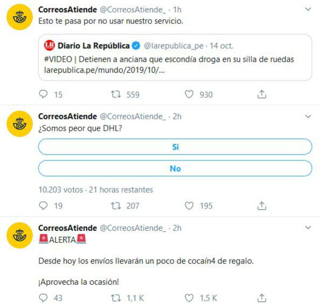 Algunos de los mensajes que han aparecido en el muro de Twitter de Correos Atiende