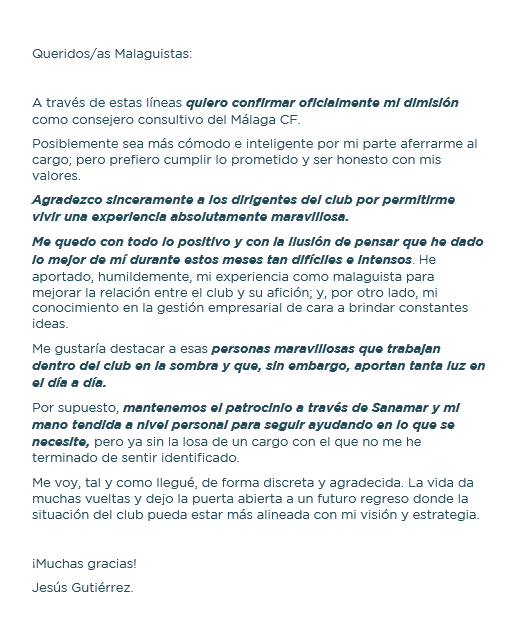 El propietario de Sanamar Jesús Gutiérrez, se despidió en una carta como consejero consultivo del Málaga