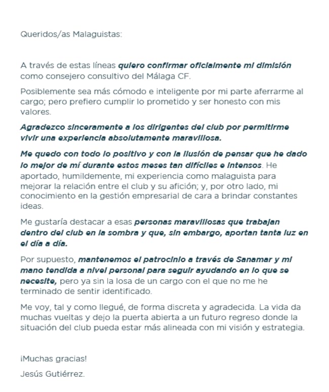 El propietario de Sanamar Jesús Gutiérrez, se despidió en una carta como consejero consultivo del Málaga