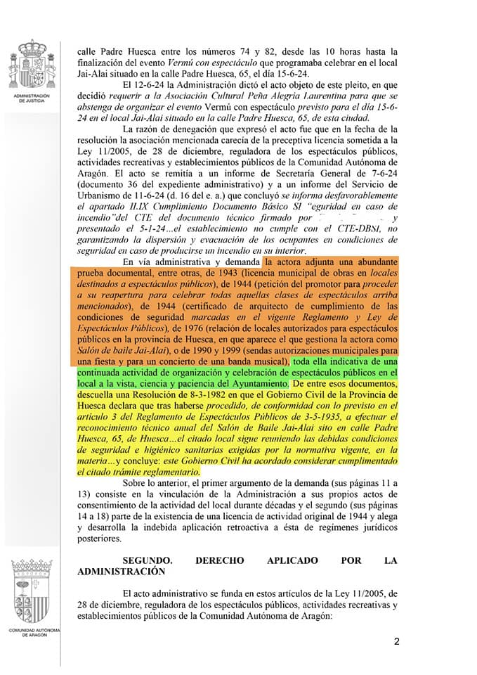 Sentencia enviada a la peña Alegría Laurentina