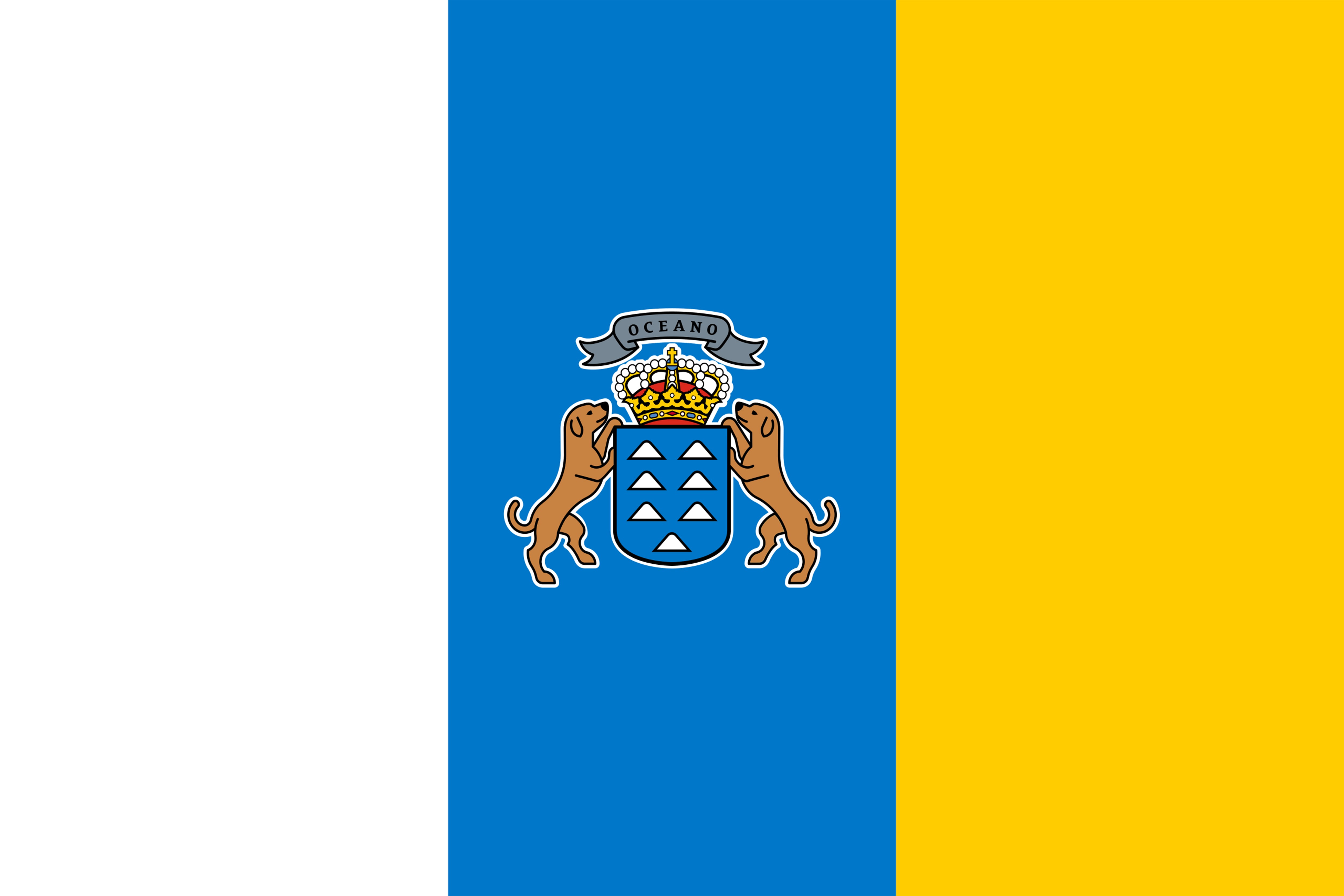 La bandera de la Comunidad Autónoma de Canarias consiste en un tricolor vertical con tres franjas iguales de color blanco, azul y amarillo. La bandera del Estado incluye el Escudo de Canarias desplegado de forma destacada en la banda central. Este diseño fue establecido oficialmente por el Estatuto de Autonomía de la Comunidad Autónoma Canaria (Ley Orgánica 10/82) de 16 de agosto de 1982.