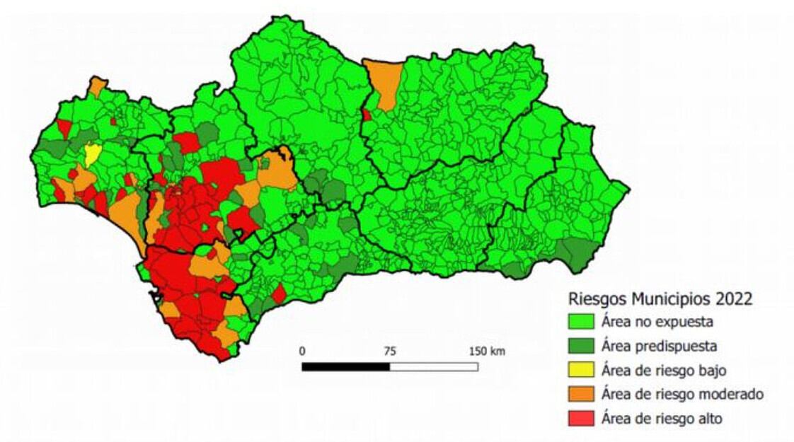 Mapa de riesgo por municipios andaluces para actuaciones a desarrollar en el Plan de Control de la Fiebre del Nilo (Mayo 2022)