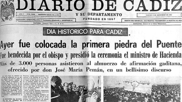 Portada del Diario de Cádiz del 9 de diciembre de 1966, un día después de la primera piedra del Puente Carranza