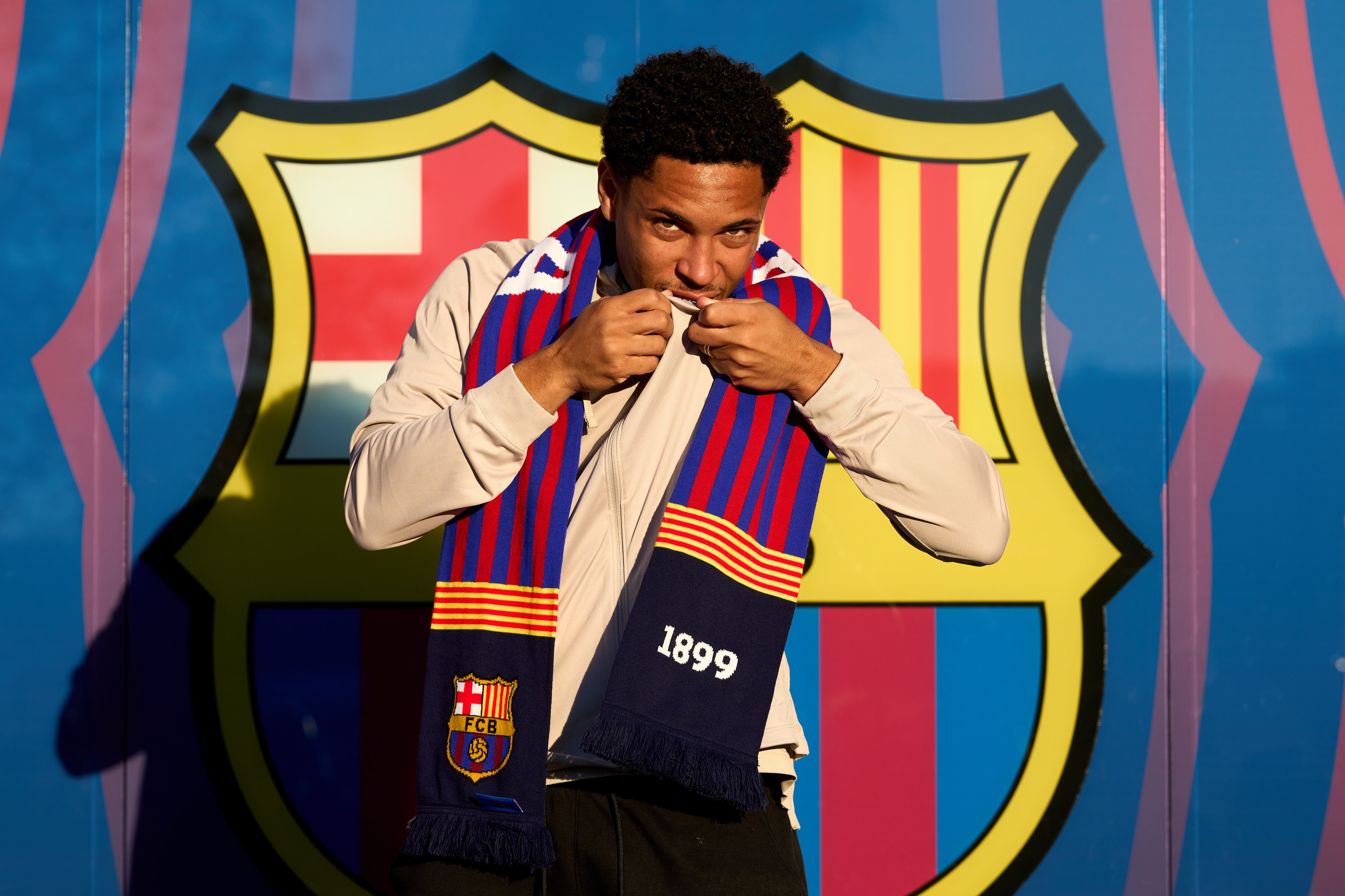 BARCELONA, SPAIN - DECEMBER 27: Vitor Roque poses for the media as he is unveiled as new FC Barcelona player at Spotify Camp Nou on December 27, 2023 in Barcelona, Spain. (Photo by Alex Caparros/Getty Images)