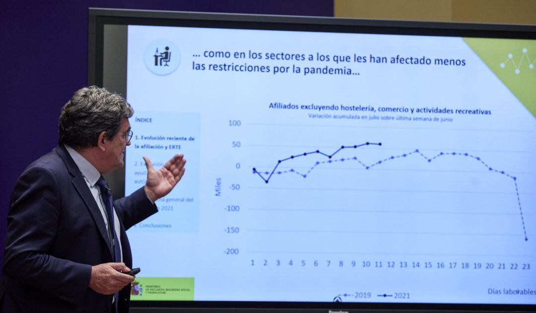 El ministro de Inclusión, Seguridad Social y Migraciones, José Luis Escrivá, ofrece un avance de la estadística experimental de afiliación a la Seguridad Social del mes de julio .