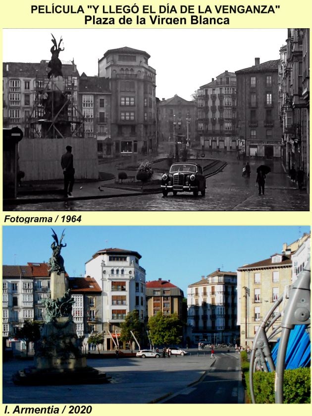 Comparativa entre la réplica de la película y la plaza actual