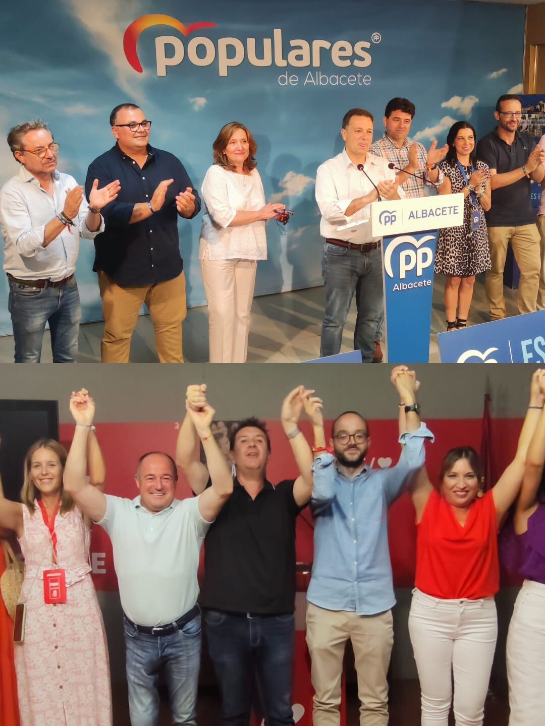 Los dirigentes de PP y PSOE, celebrando en sus sedes el resultado del 23J