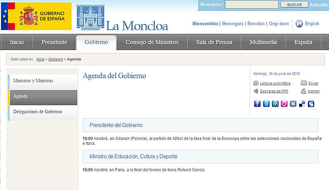 El presidente del Gobierno, Mariano Rajoy, mantiene en su agenda oficial el viaje a Gdansk (Polonia) para asistir al partido de fútbol de la fase final de la Eurocopa entre las selecciones de España e Italia