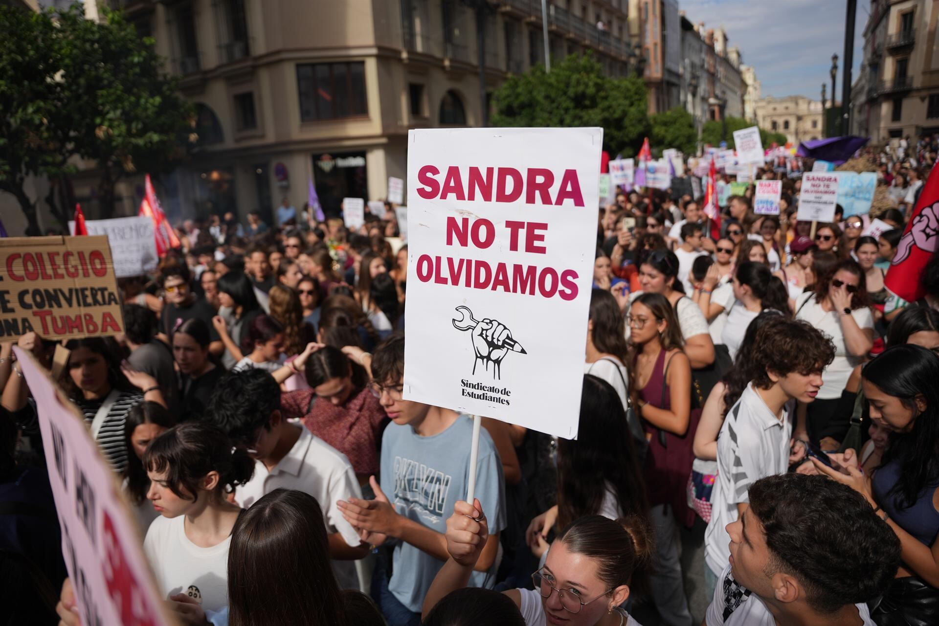 Cartel durante la manifestación convocada por el Sindicato de Estudiantes en Sevilla contra el acoso escolar tras el suicidio de Sandra Peña- MARÍA JOSÉ LÓPEZ /EUROPA PRESS