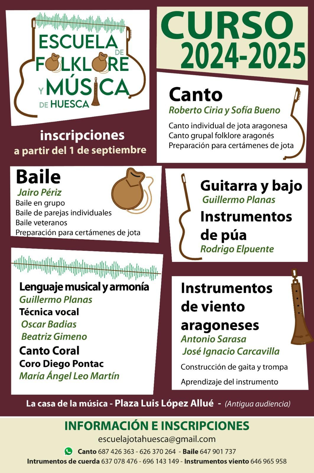 Cartel anunciador con todos los instrumentos, clases y profesores