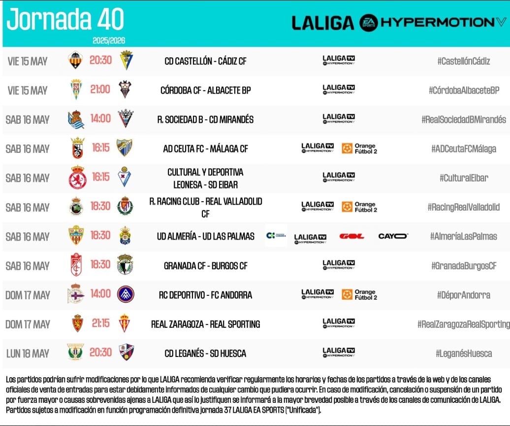 Horarios de la jornada 40 de la Liga Hypermotion