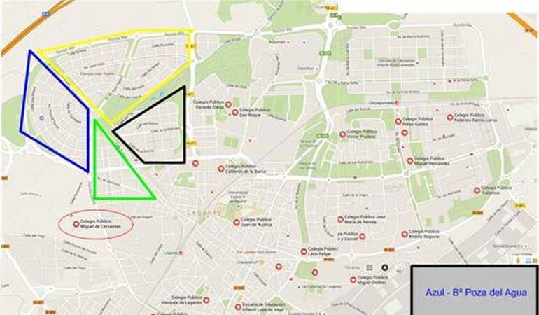 Mapa con los barrios de Leganés cercanos al colegio Miguel de Cervantes