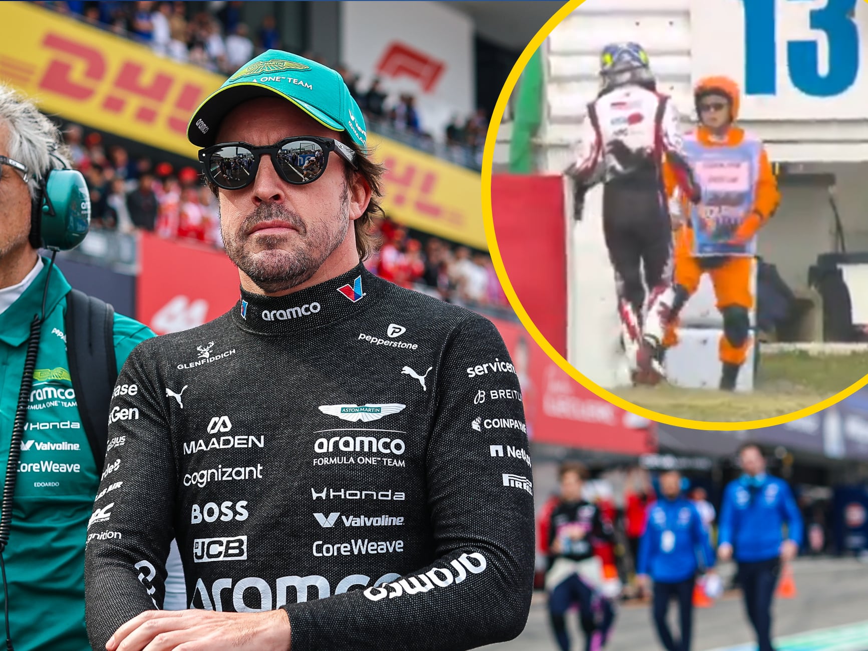 En un montaje, Fernando Alonso junto a una imagen de Bearman tras su accidente
